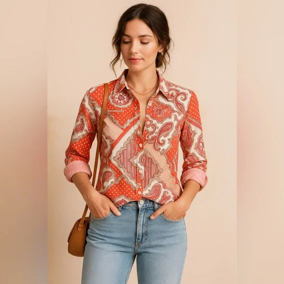 Van Heusen Patchwork Paisley Button Front Shirt XL Red Pink Cotton - Picture 3 of 14